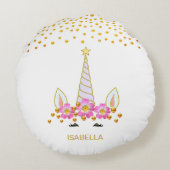 モダンかわいいユニコーン,花と金ゴールド紙吹雪 ラウンドクッション (裏面)