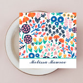 モダンかわいい抽象芸術の花カジュアル書道 スクエア名刺