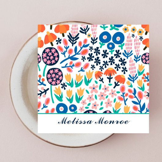 モダンかわいい抽象芸術の花カジュアル書道 スクエア名刺