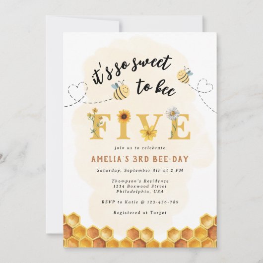 モダンかわいい5歳の誕生日を迎えるのはとても甘い 招待状 (正面)