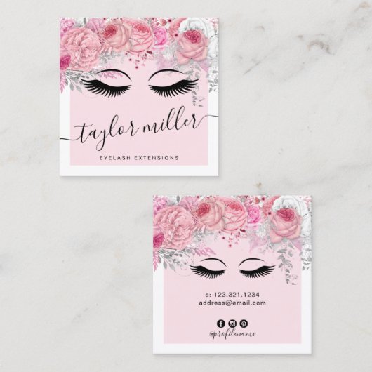 モダンかわいらしピンクフローラまつ毛エクステンション スクエア名刺 (正面/裏面)