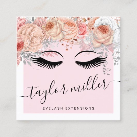 モダンかわいらし赤面ピンクフローラまつげエクステンション スクエア名刺 (正面)
