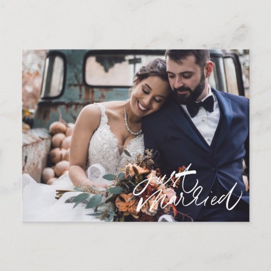 モダンたった今結婚しましたの写真結婚に感謝 ポストカード (正面)