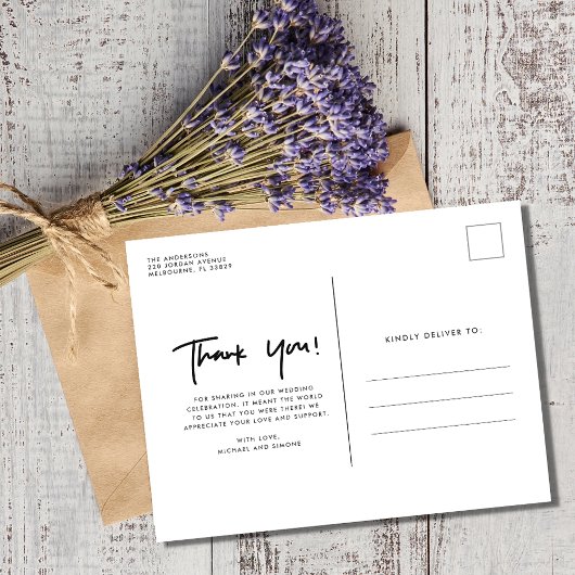 モダンたった今結婚しましたの写真結婚に感謝 ポストカード