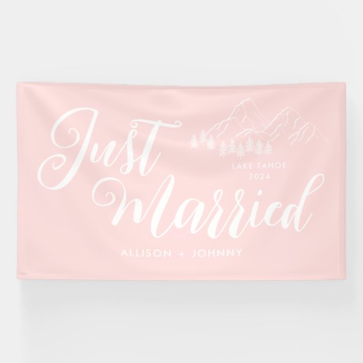 モダンたった今結婚しましたウェディングレセプションピンクの車 横断幕 (横)