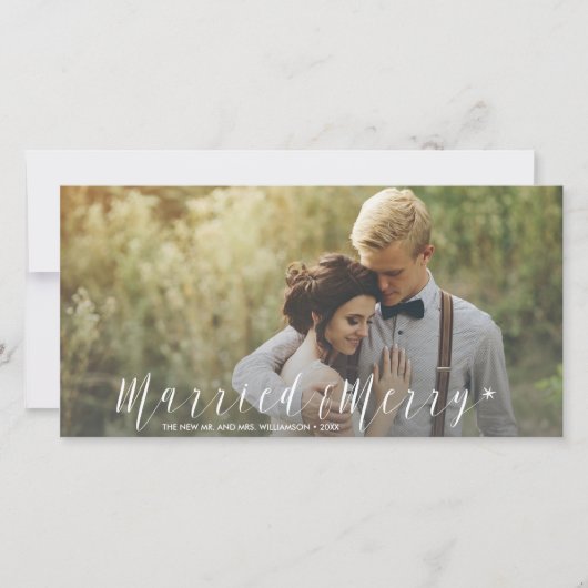 モダンたった今結婚しました新メリー婚ホリデー写真 シーズンカード (正面)