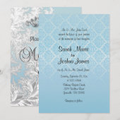 モダンでおしゃれなアクアブルーのダマスクのウェディング 招待状 (正面/裏面)