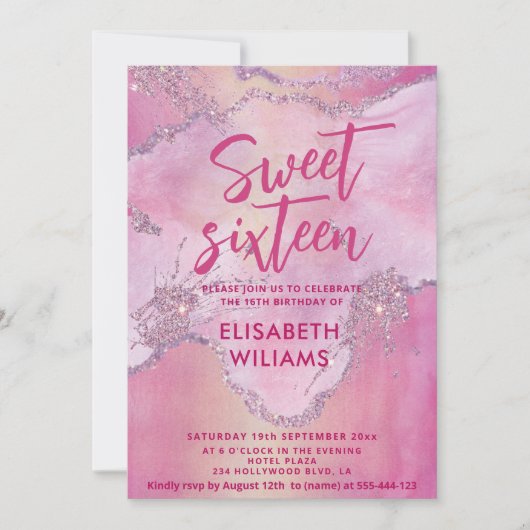 モダンでおしゃれなグリッターウォーターカラーのマーブ  スイート16 招待状 (正面)