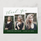 モダンでおしゃれなグリーン＆ホワイトの3枚写真 卒業お礼カード ポストカード (正面)