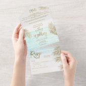 モダンでおしゃれなゴールドのパームツリートロピカルビーチウェディング オールインワン招待状 (貼ってはがせる)