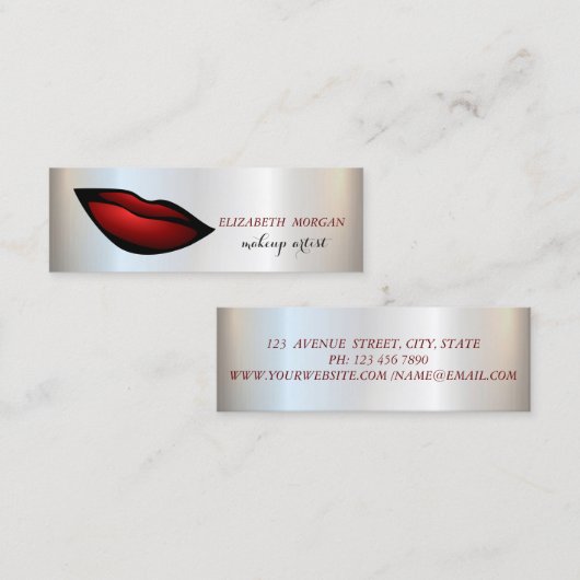 モダンでおしゃれなシルバー, 赤い唇, メイクアップアーティスト スキニー名刺 (正面/裏面)