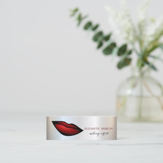 モダンでおしゃれなシルバー, 赤い唇, メイクアップアーティスト スキニー名刺 (スタンド正面)