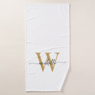 モダンでおしゃれなスクリプト ホワイトゴールド モノグラム 名前 バスタオル