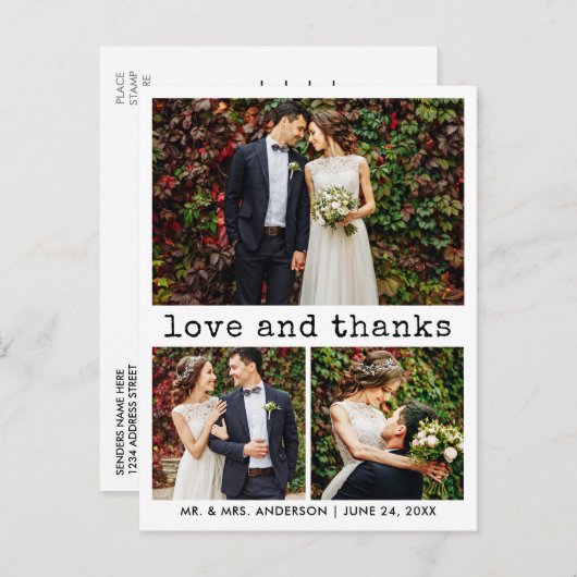 モダンでおしゃれなタイプライター風テキスト3枚の写真で感謝を伝える ポストカード (正面/裏面)