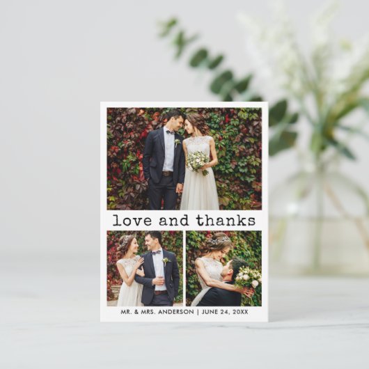 モダンでおしゃれなタイプライター風テキスト3枚の写真で感謝を伝える ポストカード (スタンド正面)