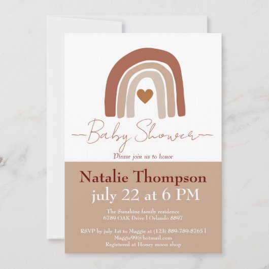 モダンでおしゃれなツートンカラーの虹のボヘミアンベビーシャワーパーティーの招待状 招待状 (正面)