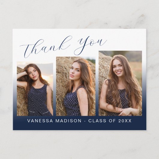 モダンでおしゃれなネイビーブルーの3枚写真感謝カード ポストカード (正面)