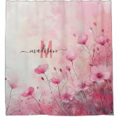 モダンでおしゃれなピンクのモノグラム エレガントなスクリプト ウェディング シャワーカーテン (正面)