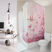 モダンでおしゃれなピンクのモノグラム エレガントなスクリプト ウェディング シャワーカーテン