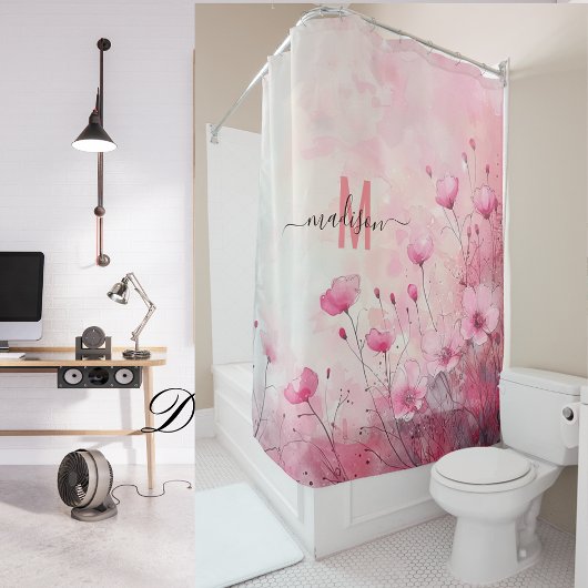 モダンでおしゃれなピンクのモノグラム エレガントなスクリプト ウェディング シャワーカーテン