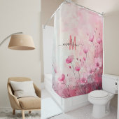 モダンでおしゃれなピンクのモノグラム エレガントなスクリプト ウェディング シャワーカーテン