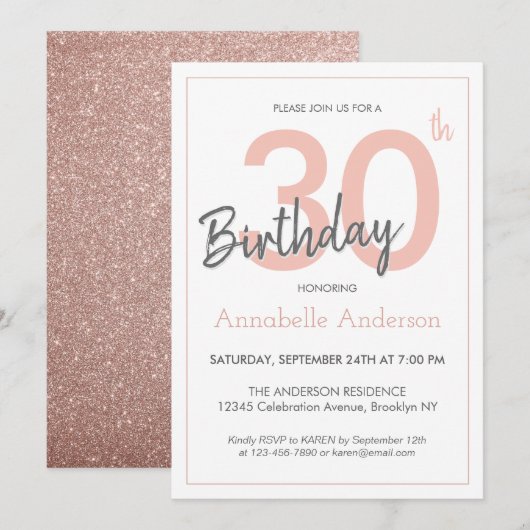 モダンでおしゃれなピンクのローズゴールドグリッター 30歳の誕生日 招待状 (正面/裏面)