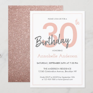 モダンでおしゃれなピンクのローズゴールドグリッター 30歳の誕生日 招待状
