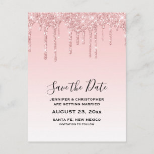 モダンでおしゃれなピンクの疑似グリッター Save the Date ポストカード