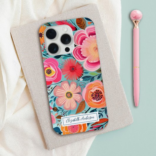 モダンでおしゃれなピンクの花のモノグラム iPhoneケース