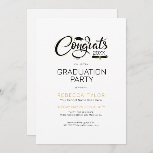 モダンでおしゃれなブラックとゴールドのtpograyパーティー招待状 招待状 (正面/裏面)