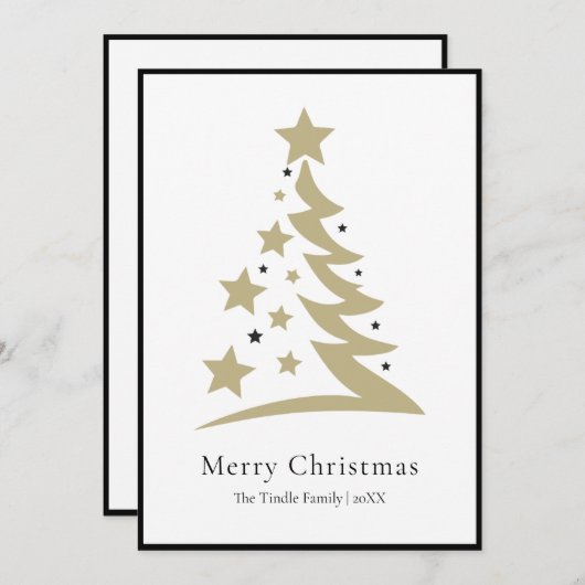 モダンでおしゃれなブラック&ホワイトゴールドのスクリプトツリー シーズンカード (正面/裏面)
