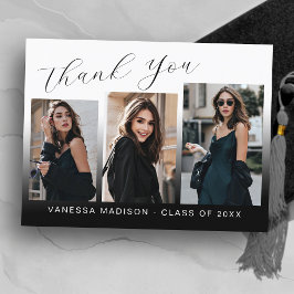 モダンでおしゃれなブルー＆ホワイトの3枚写真 卒業お礼カード ポストカード