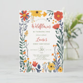 モダンでおしゃれなボヘミアンスタイルの鮮やかなワイルドフラワー　1歳の誕生日 招待状 (スタンド正面)