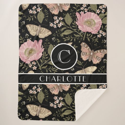 モダンでおしゃれなワイルドフラワーの植物学的な花のモノグラム シェルパブランケット (正面)