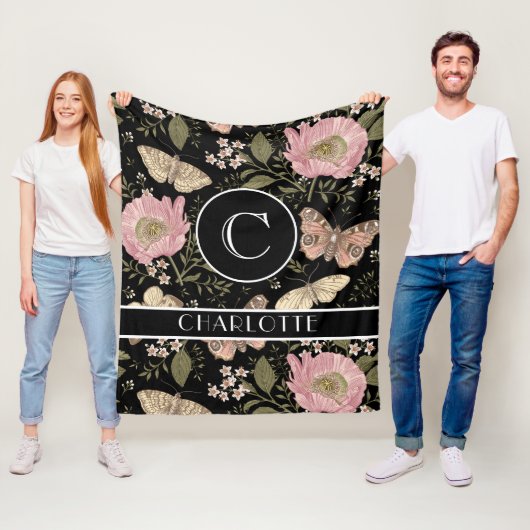 モダンでおしゃれなワイルドフラワーの植物学的な花のモノグラム フリースブランケット (インサイチュ)