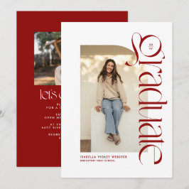 モダンでおしゃれな卒業生の赤い写真付き卒業発表 招待状