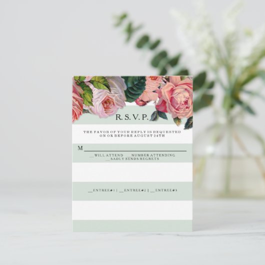 モダンでおしゃれな幅広ストライプにバラのデザイン、ミントグリーン 出欠カード (スタンド正面)