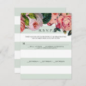 モダンでおしゃれな幅広ストライプにバラのデザイン、ミントグリーン 出欠カード (正面/裏面)