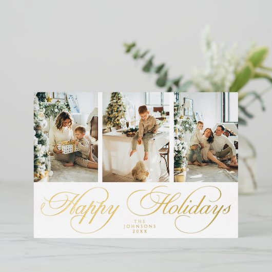 モダンでおしゃれな筆記体を使った3枚の写真コラージュ クリスマスカード 箔招待状 (立ち正面)