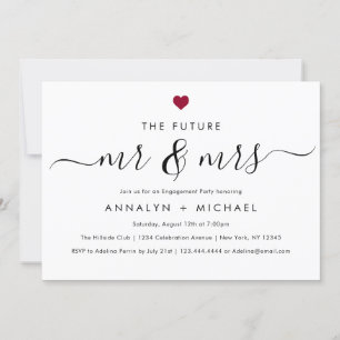 モダンでおしゃれな赤いハートの未来のミスター＆ミセスの婚約 招待状