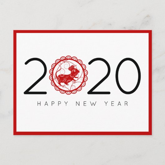 モダンでおしゃれな赤い中国の新年 ねずみの年 2020 ポストカード (正面)