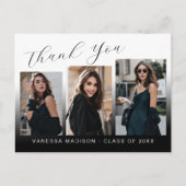 モダンでおしゃれな青と白の3枚の写真を使った感謝のカード ポストカード (正面)