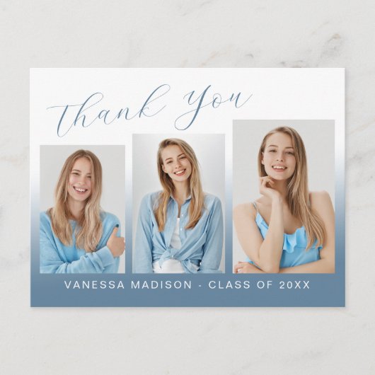 モダンでおしゃれな青と白の3枚の写真を使った感謝カード ポストカード (正面)