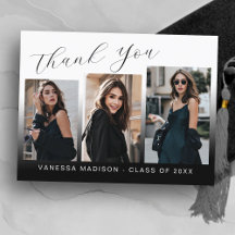 モダンでおしゃれな青と白の3枚写真 卒業お礼カード