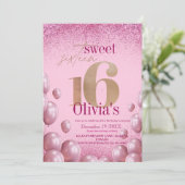 モダンでおしゃれな16歳の誕生日ピンクバルーン グリッター 招待状 (スタンド正面)
