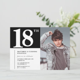 モダンでおしゃれな18歳の誕生日招待状 写真入り ブラック 招待状