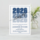モダンでおしゃれな2026年卒業式 ネイビーブルーのデザイン 案内状 (スタンド正面)