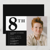 モダンでおしゃれな8歳の誕生日招待状 ブラック 招待状 (正面/裏面)