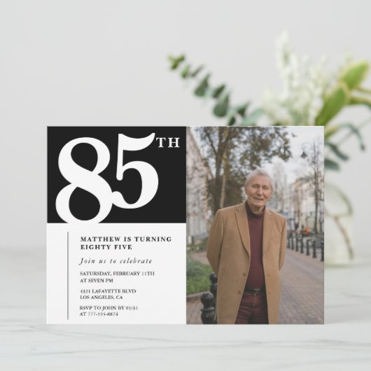 モダンでおしゃれな85歳の誕生日招待状 写真入り 招待状 (スタンド正面)