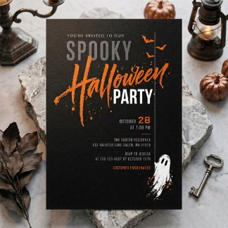 モダンでおどろおどろしい黒とオレンジのハロウィンパーティー 招待状